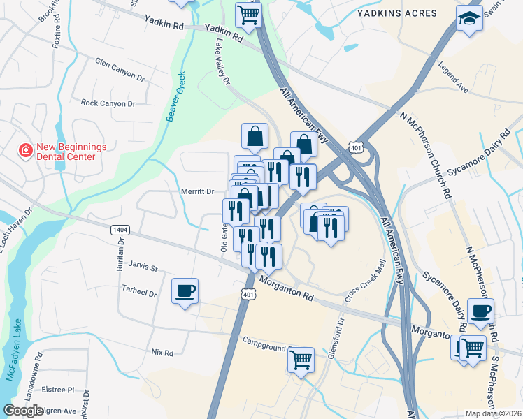 map of restaurants, bars, coffee shops, grocery stores, and more near in Fayetteville