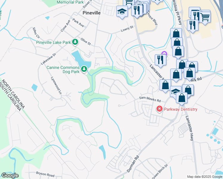 map of restaurants, bars, coffee shops, grocery stores, and more near in Pineville