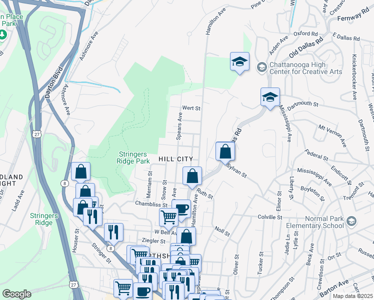 map of restaurants, bars, coffee shops, grocery stores, and more near 28 Sawyer Street in Chattanooga