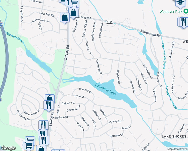 map of restaurants, bars, coffee shops, grocery stores, and more near 7203 Bailey Court in Fayetteville
