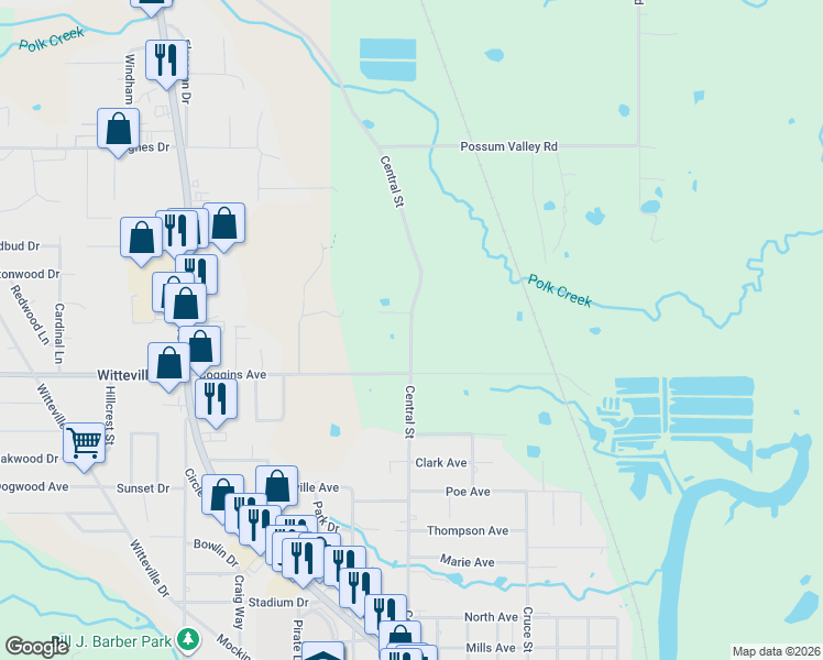 map of restaurants, bars, coffee shops, grocery stores, and more near 2107 Central Street in Poteau