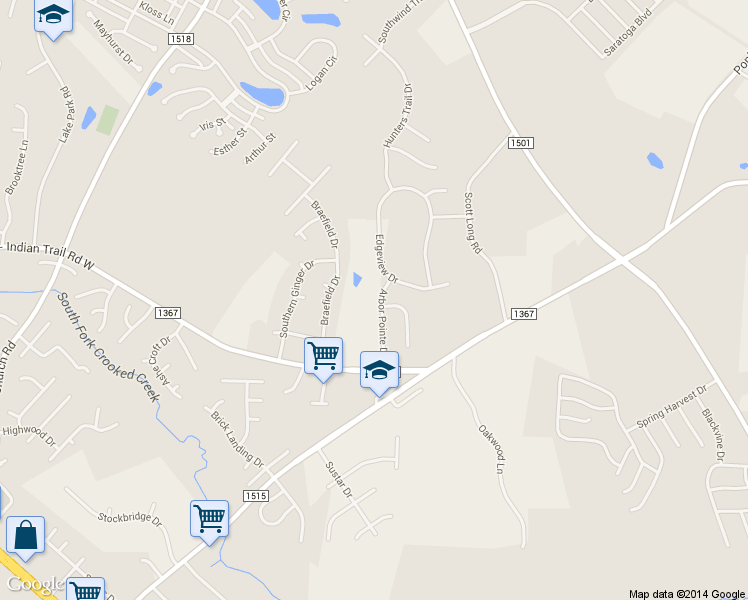 map of restaurants, bars, coffee shops, grocery stores, and more near 3403 Arbor Pointe Drive in Indian Trail