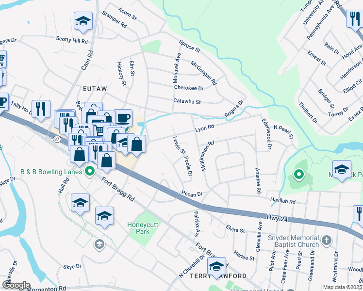 map of restaurants, bars, coffee shops, grocery stores, and more near 806 Lewis Street in Fayetteville