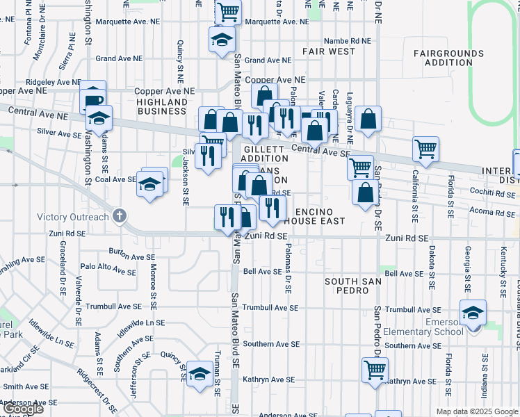 map of restaurants, bars, coffee shops, grocery stores, and more near 5555 Zuni Road Southeast in Albuquerque