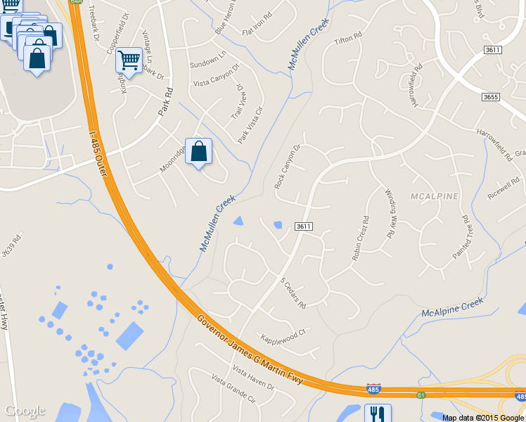 map of restaurants, bars, coffee shops, grocery stores, and more near 11842 Carmel Lakes Dr in Charlotte