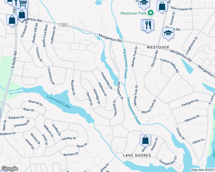 map of restaurants, bars, coffee shops, grocery stores, and more near 218 Timberlake Drive in Fayetteville