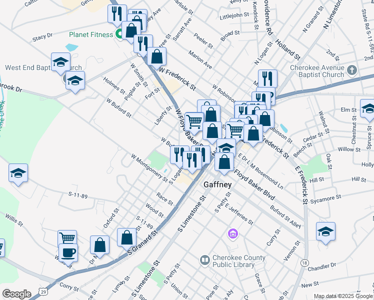 map of restaurants, bars, coffee shops, grocery stores, and more near 310 West Buford Street in Gaffney