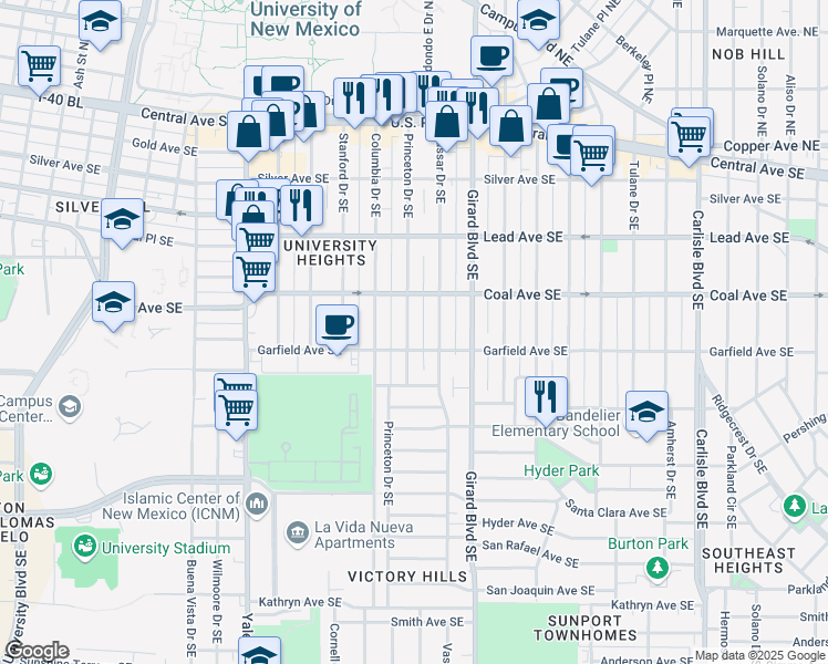 map of restaurants, bars, coffee shops, grocery stores, and more near 418 Princeton Drive Southeast in Albuquerque