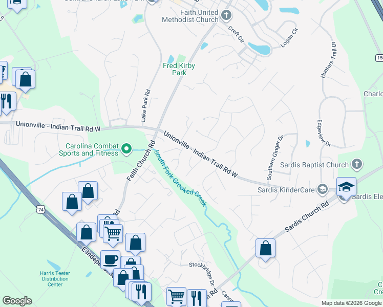 map of restaurants, bars, coffee shops, grocery stores, and more near 3202 Parkland Drive in Indian Trail