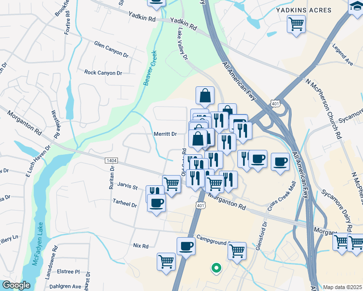 map of restaurants, bars, coffee shops, grocery stores, and more near 123 Hearthstone Drive in Fayetteville