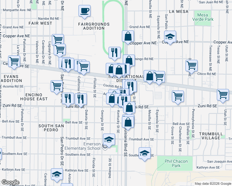 map of restaurants, bars, coffee shops, grocery stores, and more near 6909 Acoma Road Southeast in Albuquerque