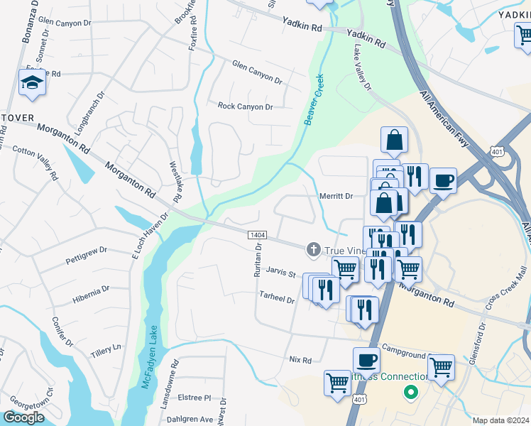 map of restaurants, bars, coffee shops, grocery stores, and more near 5415 Docia Circle in Fayetteville