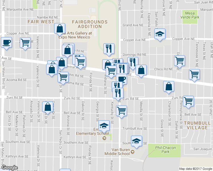 map of restaurants, bars, coffee shops, grocery stores, and more near 6909 Acoma Road Southeast in Albuquerque
