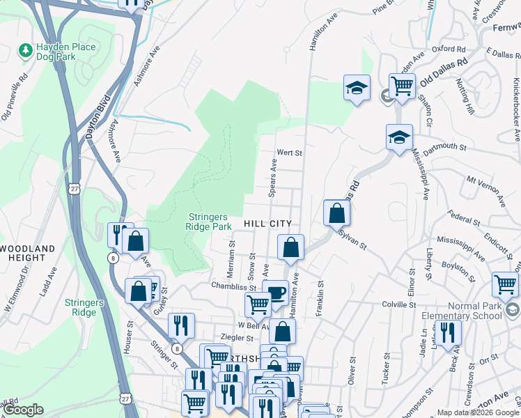 map of restaurants, bars, coffee shops, grocery stores, and more near 28 Sawyer Street in Chattanooga