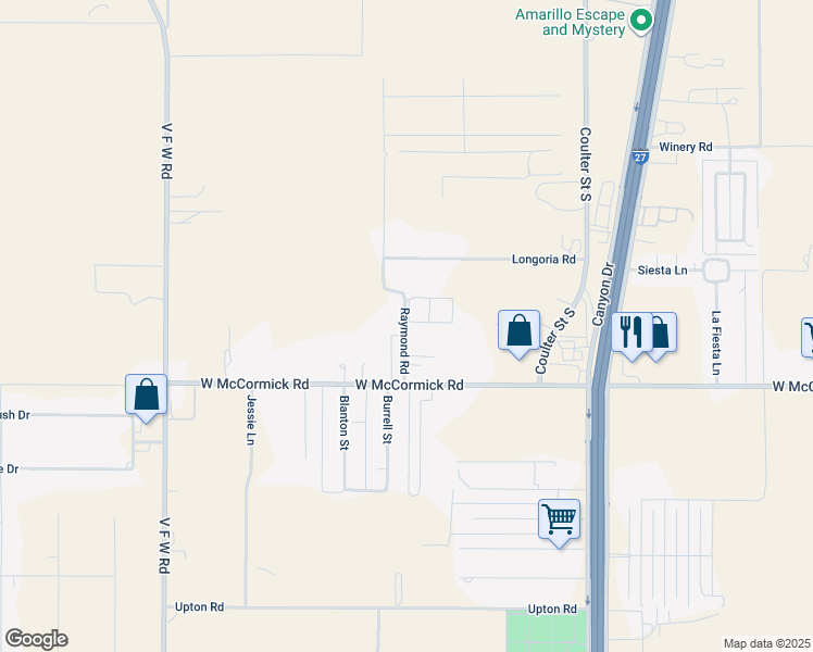 map of restaurants, bars, coffee shops, grocery stores, and more near 12750 Raymond Road in Amarillo