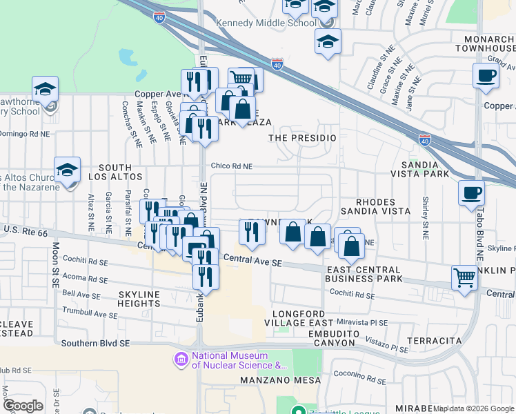 map of restaurants, bars, coffee shops, grocery stores, and more near 10716 Pennyback Park Drive Northeast in Albuquerque