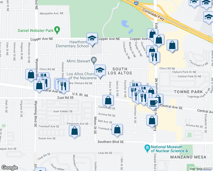 map of restaurants, bars, coffee shops, grocery stores, and more near 129 Erbbe Street Northeast in Albuquerque