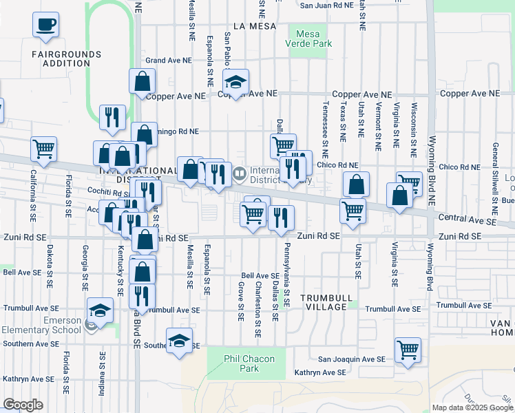 map of restaurants, bars, coffee shops, grocery stores, and more near 122 Charleston Street Northeast in Albuquerque