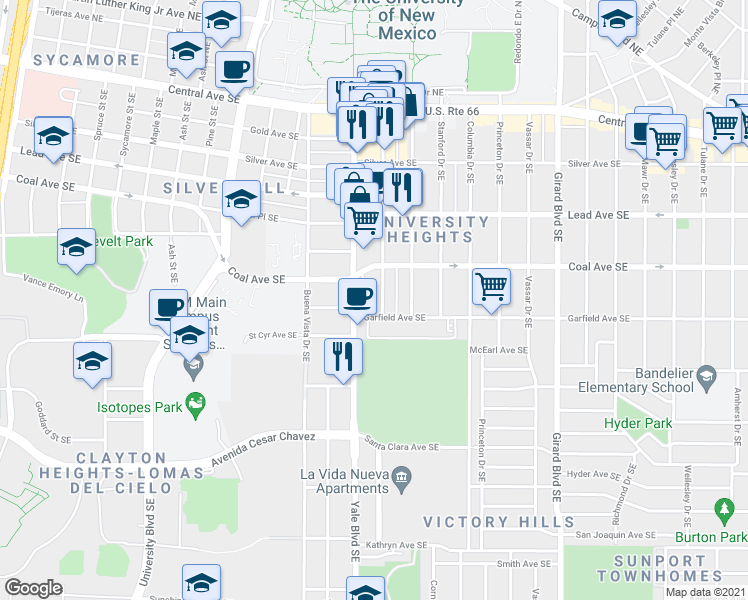 map of restaurants, bars, coffee shops, grocery stores, and more near 411 Harvard Drive Southeast in Albuquerque