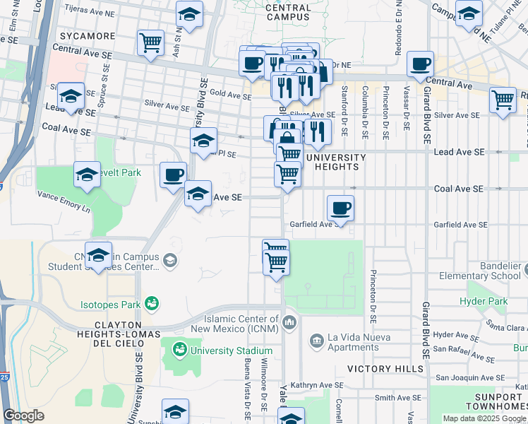 map of restaurants, bars, coffee shops, grocery stores, and more near 2120 Coal Avenue Southeast in Albuquerque