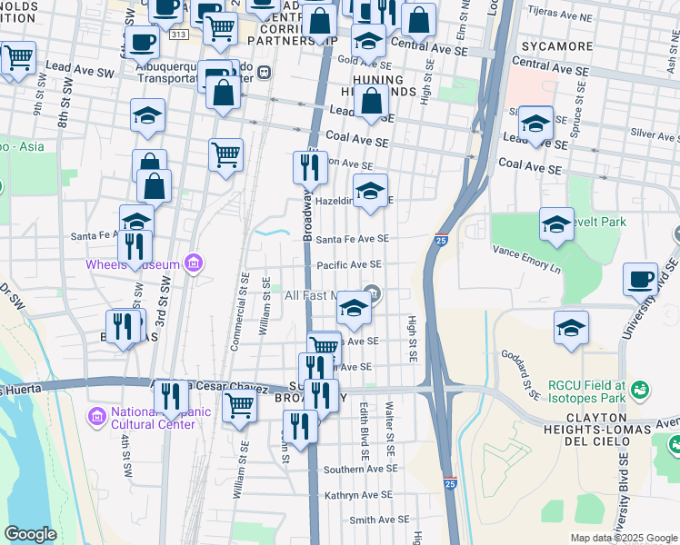 map of restaurants, bars, coffee shops, grocery stores, and more near 422 Pacific Avenue Southeast in Albuquerque