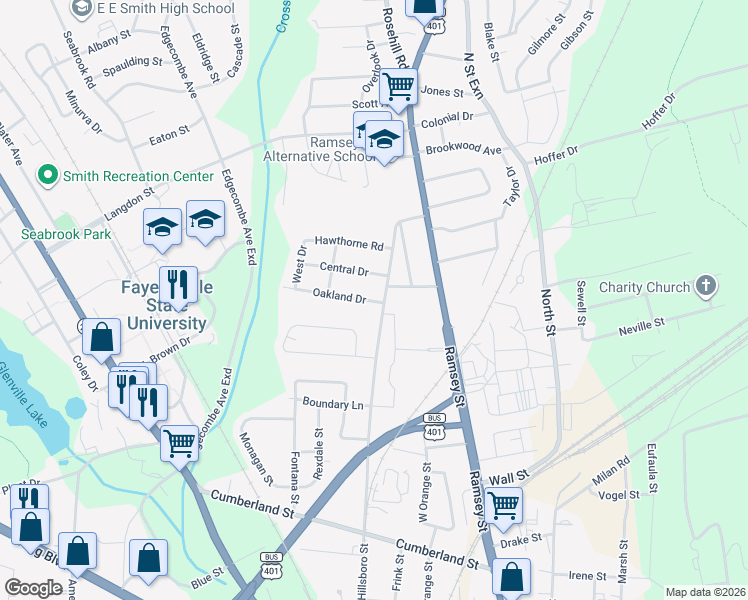 map of restaurants, bars, coffee shops, grocery stores, and more near in Fayetteville