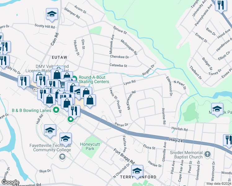 map of restaurants, bars, coffee shops, grocery stores, and more near 1807 Lyon Road in Fayetteville