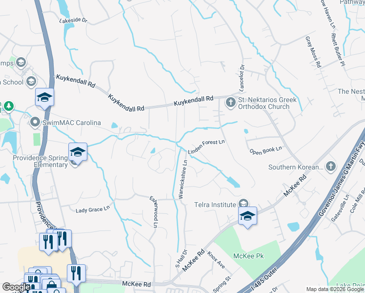 map of restaurants, bars, coffee shops, grocery stores, and more near 9700 Grasmere Drive in Charlotte