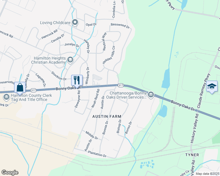 map of restaurants, bars, coffee shops, grocery stores, and more near 6410 Bonny Oaks Drive in Chattanooga