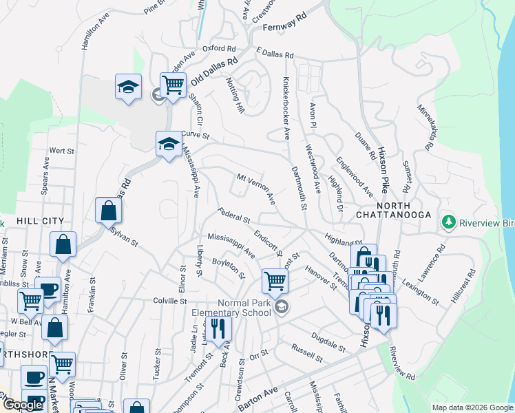 map of restaurants, bars, coffee shops, grocery stores, and more near 1211 Albany Street in Chattanooga