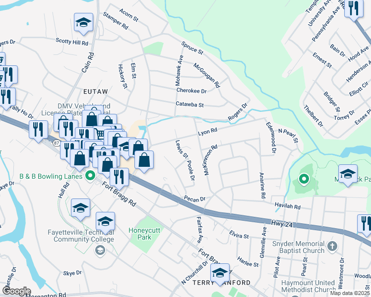map of restaurants, bars, coffee shops, grocery stores, and more near 810 Lewis Street in Fayetteville