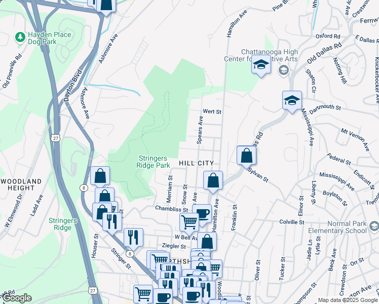 map of restaurants, bars, coffee shops, grocery stores, and more near 108 Sawyer Street in Chattanooga