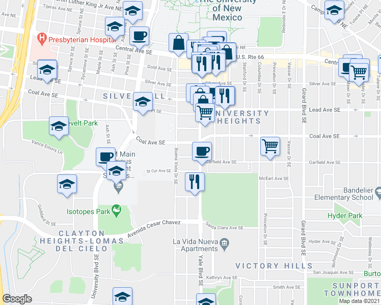 map of restaurants, bars, coffee shops, grocery stores, and more near 2123 Eton Avenue Southeast in Albuquerque