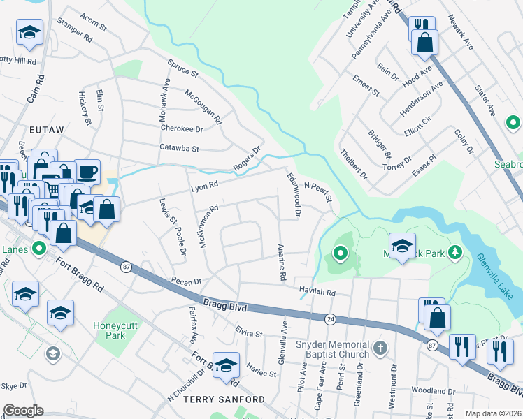 map of restaurants, bars, coffee shops, grocery stores, and more near 1017 McKimmon Road in Fayetteville