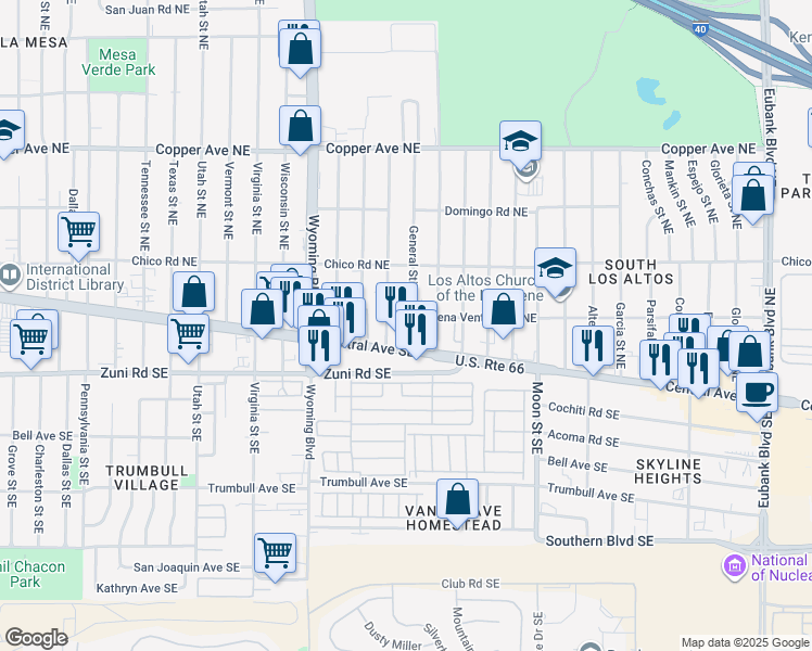 map of restaurants, bars, coffee shops, grocery stores, and more near 121 General Stilwell Street Northeast in Albuquerque