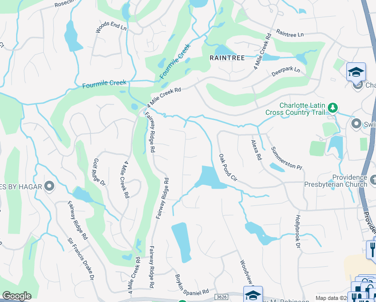 map of restaurants, bars, coffee shops, grocery stores, and more near 9315 Rainbow Forest Drive in Charlotte