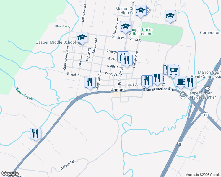 map of restaurants, bars, coffee shops, grocery stores, and more near 5 Oak Avenue in Jasper