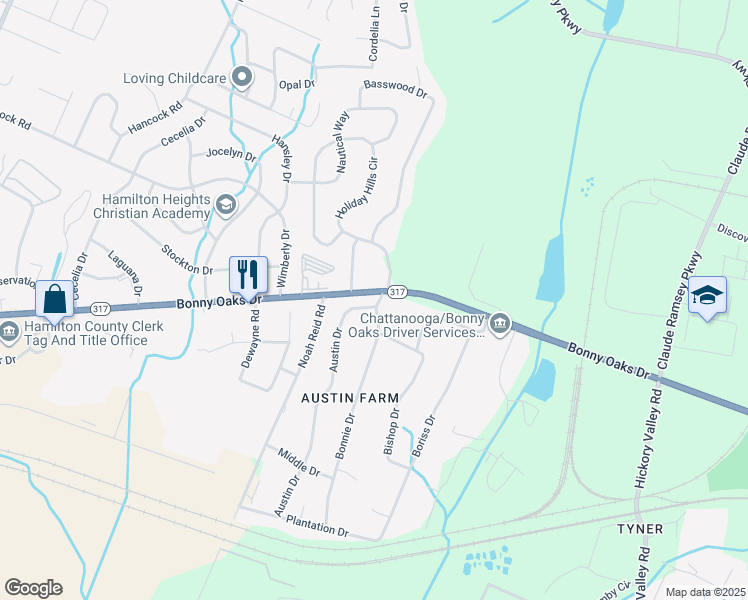 map of restaurants, bars, coffee shops, grocery stores, and more near 6410 Bonny Oaks Drive in Chattanooga