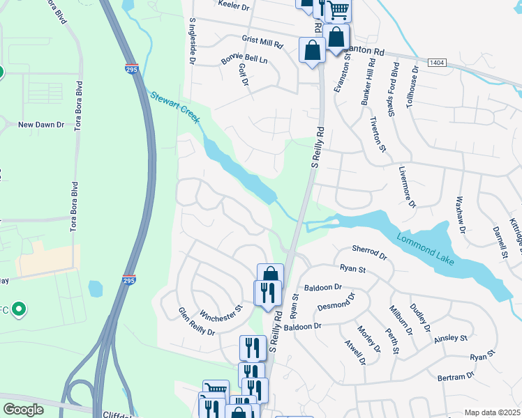 map of restaurants, bars, coffee shops, grocery stores, and more near 6728 Willowbrook Drive in Fayetteville