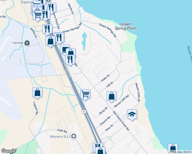 map of restaurants, bars, coffee shops, grocery stores, and more near 109 Grantham Place in New Bern