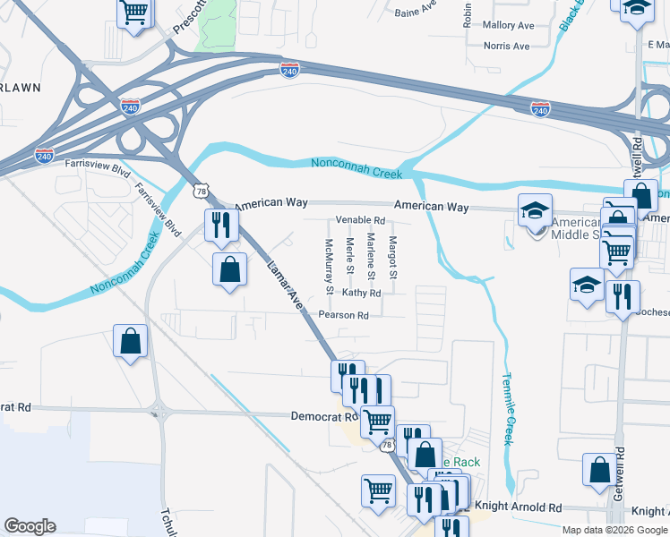 map of restaurants, bars, coffee shops, grocery stores, and more near 2728 McMurray Street in Memphis