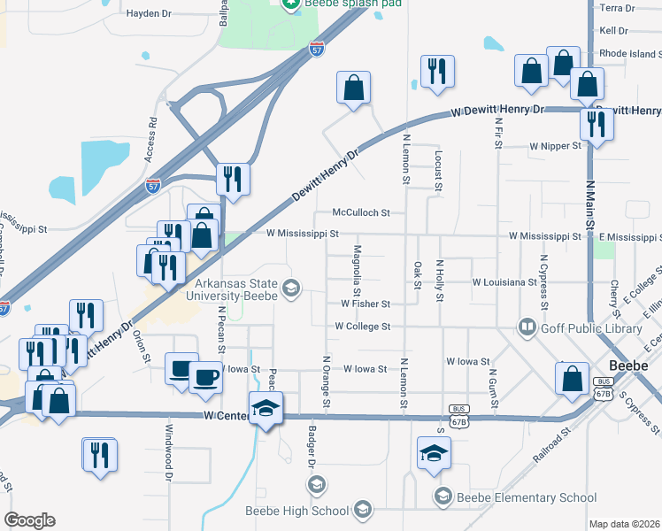 map of restaurants, bars, coffee shops, grocery stores, and more near 708 North Orange Street in Beebe