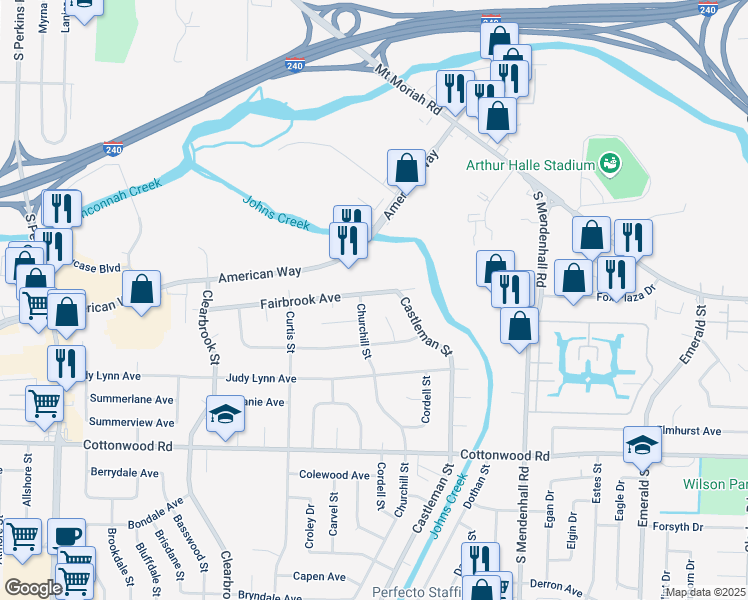 map of restaurants, bars, coffee shops, grocery stores, and more near 5139 Fairbrook Avenue in Memphis