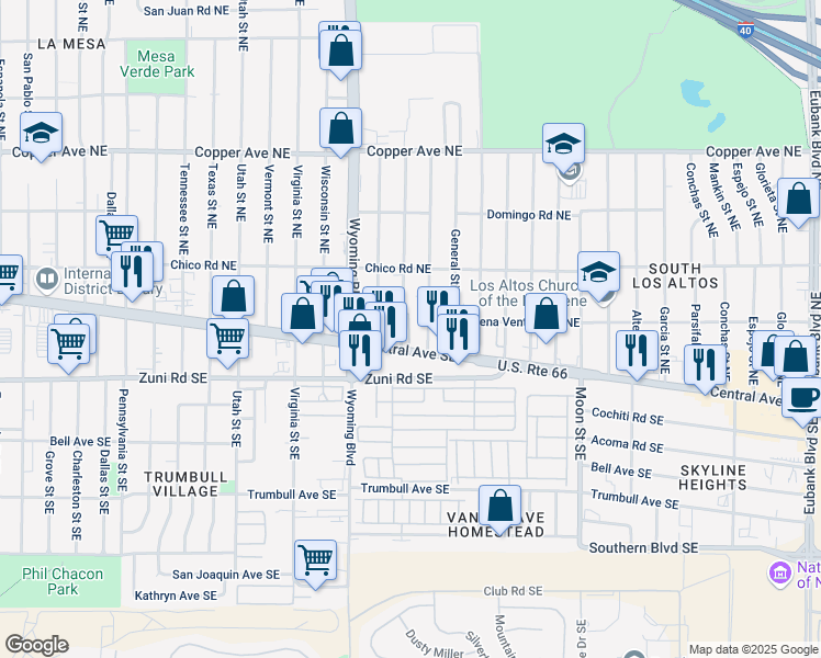 map of restaurants, bars, coffee shops, grocery stores, and more near 109 General Arnold Street Northeast in Albuquerque