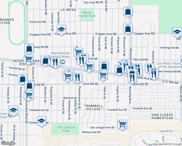 map of restaurants, bars, coffee shops, grocery stores, and more near 8020 Central Avenue Southeast in Albuquerque