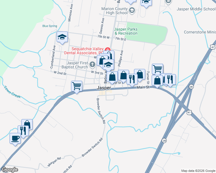 map of restaurants, bars, coffee shops, grocery stores, and more near in Jasper