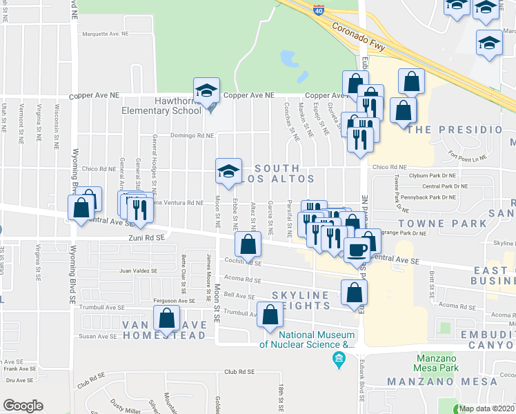 map of restaurants, bars, coffee shops, grocery stores, and more near 134 Altez Street Southeast in Albuquerque