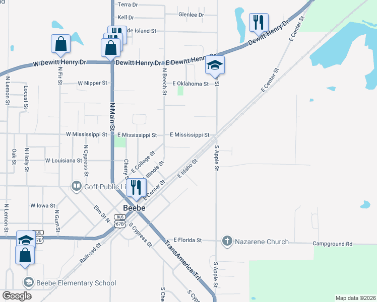 map of restaurants, bars, coffee shops, grocery stores, and more near 112 Abington Drive in Beebe