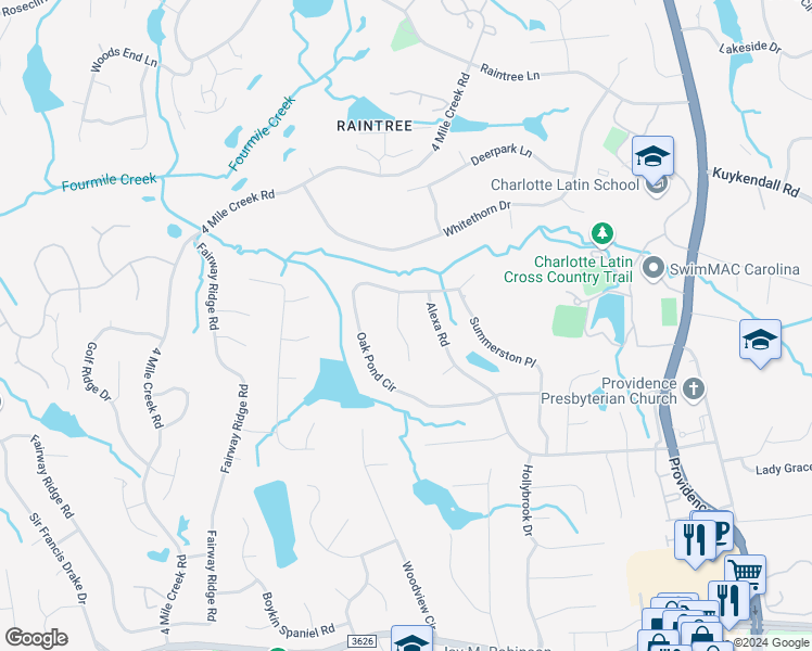 map of restaurants, bars, coffee shops, grocery stores, and more near 6000 Derry Hill Place in Charlotte