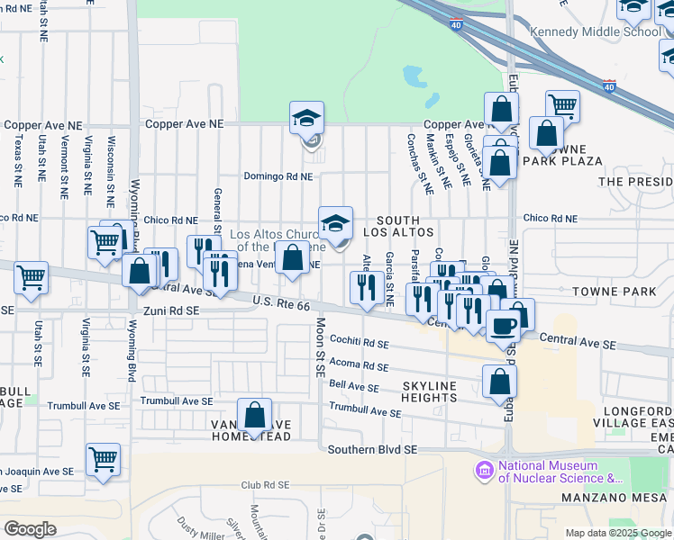 map of restaurants, bars, coffee shops, grocery stores, and more near 129 Erbbe Street Northeast in Albuquerque